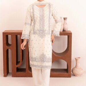 Elegant White and Gray Embroidered Salwar